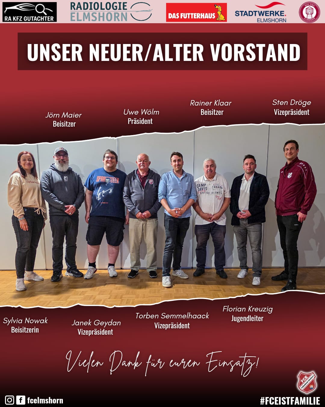 Ein Bild mit 8 Personen, einer Frau und sieben Männern, die den Vorstand des FC Elmshorn bilden. Namen und Rollen sind den Personen jeweils zugeordnet.